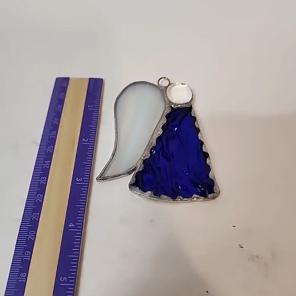 Stain Glass Angel Ornament Blue Textured Glass Body White Glass Wings 3.5”T